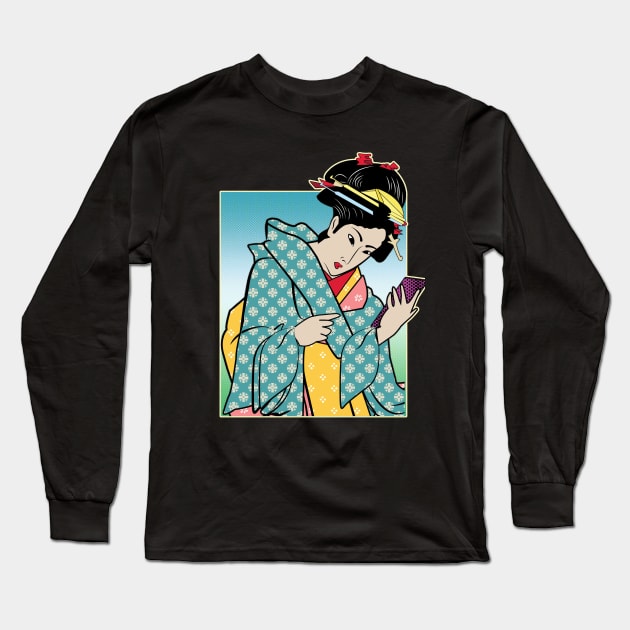 Geisha Smart Phone Text Japanese Society Tokyo Cool Graphic Long Sleeve T-Shirt by VogueTime